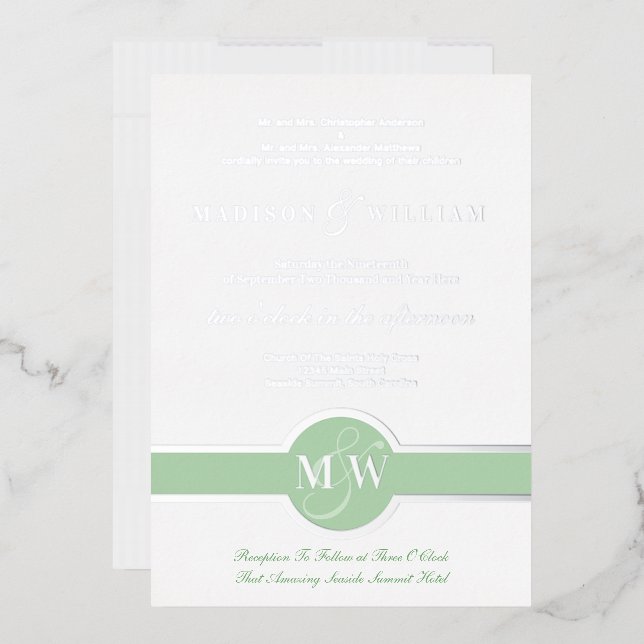 Luxe Monogram Modern Wedding Green Silver Foil Invitation (Envelope)
