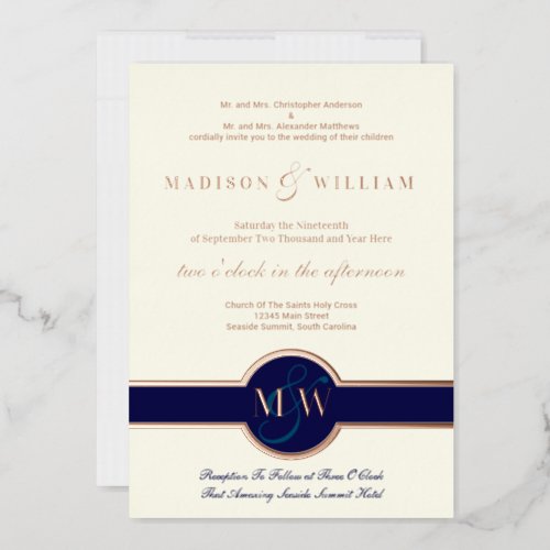 Luxe Monogram Modern Wedding Navy Rose Gold Foil Invitation