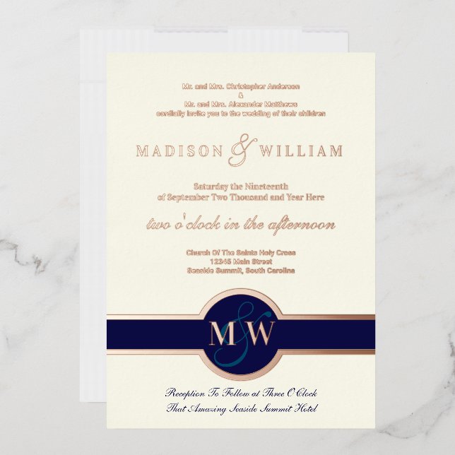 Luxe Monogram Modern Wedding Navy Rose Gold Foil Invitation (Envelope)