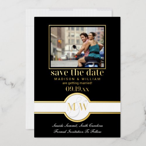 Luxe Monogram Photo Save The Date Black And Gold Foil Invitation