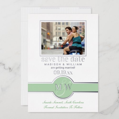 Luxe Monogram Photo Save The Date Green Silver Foil Invitation