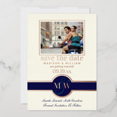 Luxe Monogram Photo Save The Date Navy Rose Gold Foil Invitation