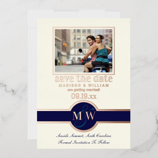 Luxe Monogram Photo Save The Date Navy Rose Gold Foil Invitation (Envelope)