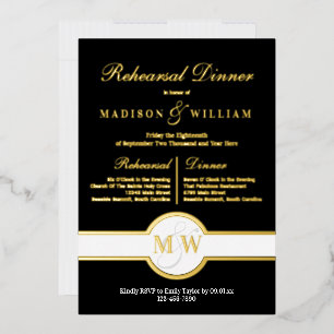 Luxe Monogram Rehearsal Dinner Black And Gold Foil Invitation