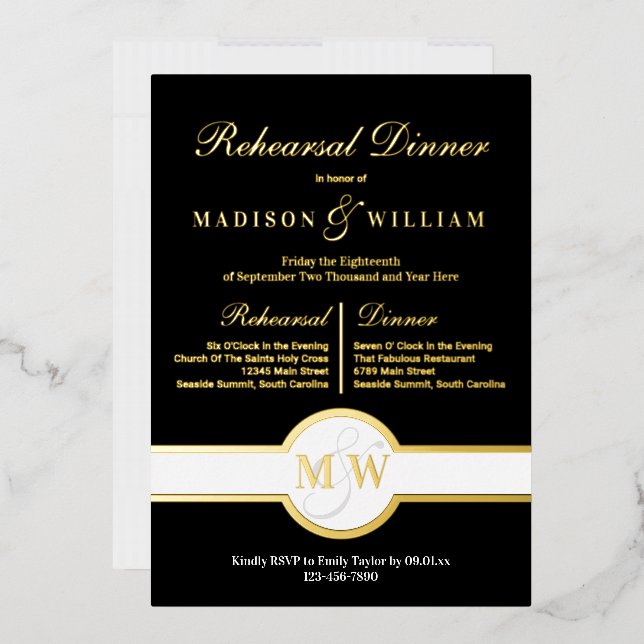 Luxe Monogram Rehearsal Dinner Black And Gold Foil Invitation (Envelope)