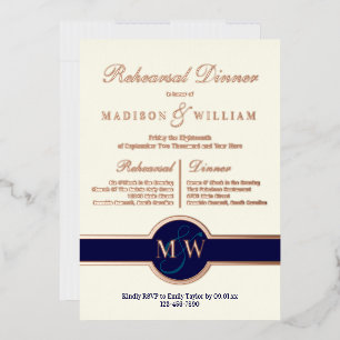 Luxe Monogram Rehearsal Dinner Navy Rose Gold Foil Invitation
