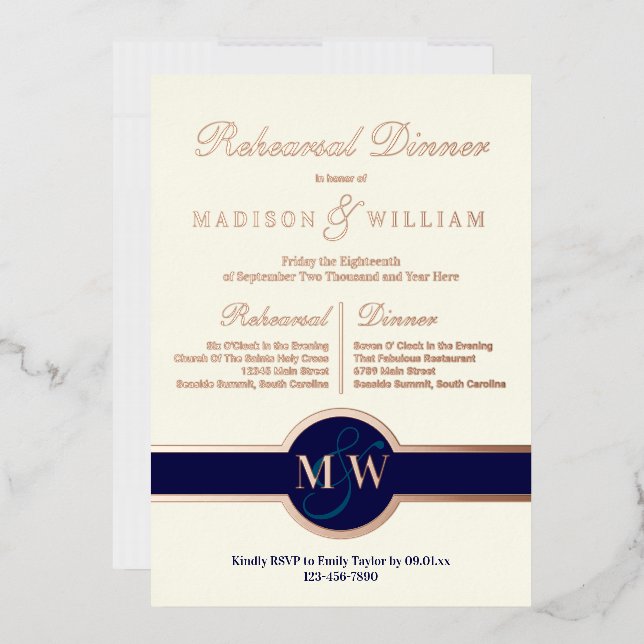 Luxe Monogram Rehearsal Dinner Navy Rose Gold Foil Invitation (Envelope)