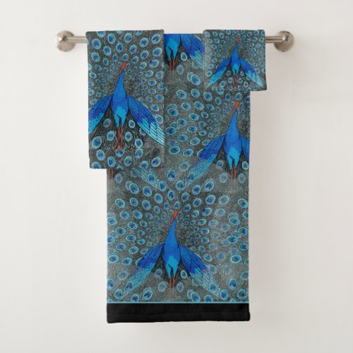 Luxe Monogram Turquoise Teal Blue Black Peacock  Bath Towel Set