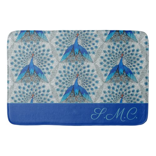 Luxe Monogram Turquoise Teal Blue Peacock Pattern  Bath Mat