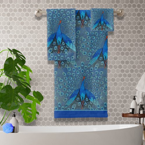 Luxe Monogram Turquoise Teal Blue Peacock Pattern  Bath Towel Set