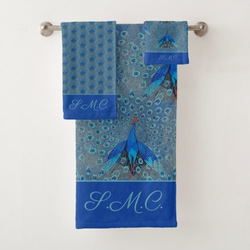 Luxe Monogram Turquoise Teal Blue Peacock Pattern  Bath Towel Set