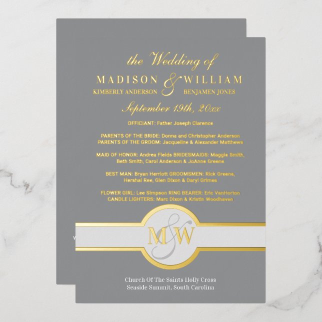 Luxe Monogram Wedding Program Gray And Gold (Front/Back)