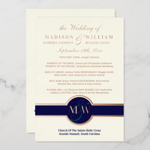 Luxe Monogram Wedding Program Navy Rose Gold