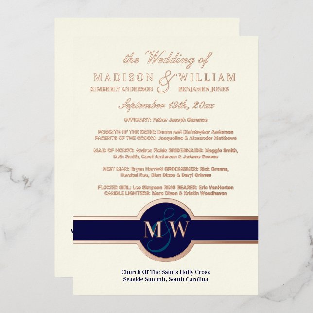 Luxe Monogram Wedding Program Navy Rose Gold (Front/Back)