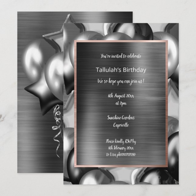 LUXE MOODY BLACK METALLIC BALLOON INVITATION (Front/Back)