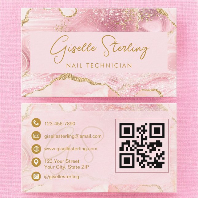 Luxe Nail Technician Blush Pink Gold Agate QR Code Business Card (Creator Uploaded)