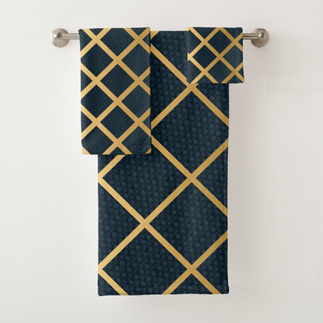 LUXE NAVY ABSTRACT GOLD GRID BATH TOWEL SET (Insitu)