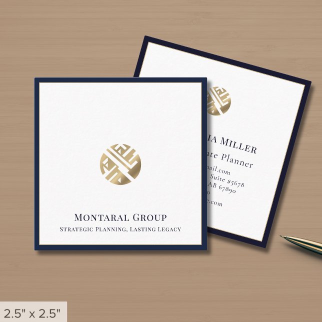 Luxe Navy Blue Border Gold Logo Square Business Card (Creator Uploaded)