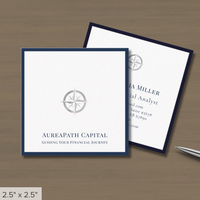 Luxe Navy Blue Border Silver Logo Square Business Card (Creator Uploaded)