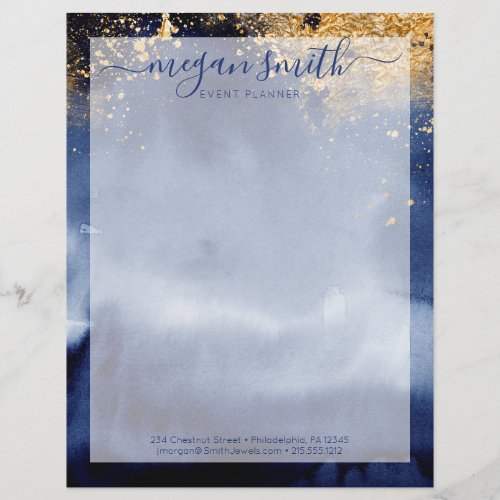 Luxe Navy Blue Gold Watercolor Modern Letterhead