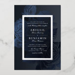 Luxe navy blue silver vintage botanical wedding foil invitation<br><div class="desc">Bold real silver foil frame surrounded by vintage botanical rose floral in dark navy blue,  elegant and luxury. Great for modern classic wedding,  vintage wedding and luxury wedding in winter. 
See all the matching pieces in the collection.</div>