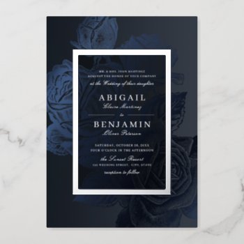 Luxe Navy Blue Silver Vintage Botanical Wedding Foil Invitation by AvaPaperie at Zazzle