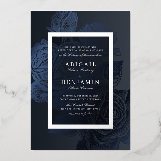 Luxe navy blue silver vintage botanical wedding foil invitation (Front)