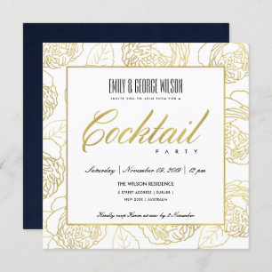LUXE NAVY FAUX GOLD ROSE FLORAL COCKTAIL PARTY INVITATION