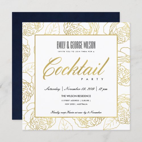 LUXE  NAVY FAUX GOLD ROSE FLORAL COCKTAIL PARTY INVITATION