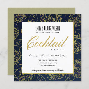 LUXE NAVY FAUX GOLD ROSE FLORAL COCKTAIL PARTY INVITATION