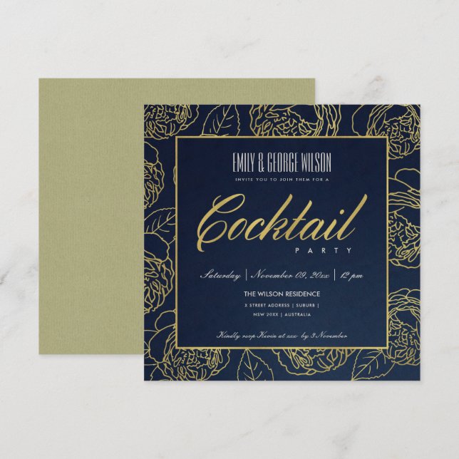 LUXE  NAVY FAUX GOLD ROSE FLORAL COCKTAIL PARTY INVITATION (Front/Back)