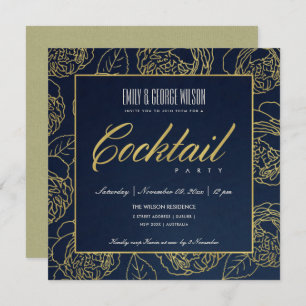 LUXE NAVY FAUX GOLD ROSE FLORAL COCKTAIL PARTY INVITATION