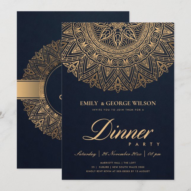 LUXE NAVY GOLD CLASSIC ORNATE MANDALA DINNER PARTY INVITATION (Front/Back)