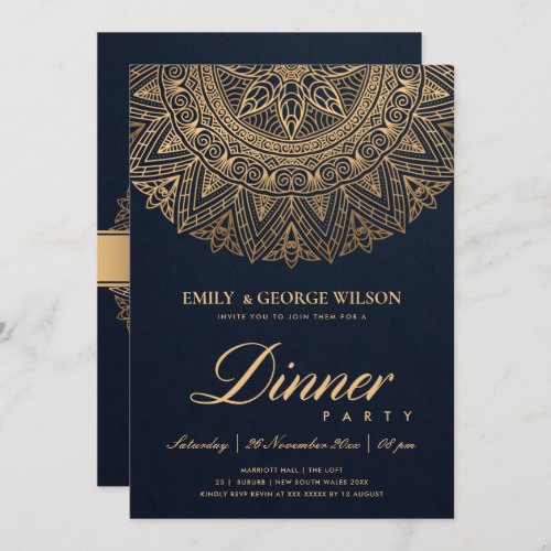 LUXE NAVY GOLD CLASSIC ORNATE MANDALA DINNER PARTY INVITATION