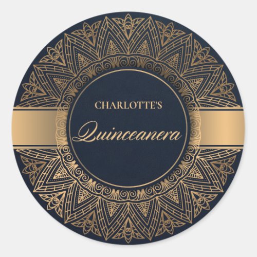 LUXE NAVY GOLD CLASSIC ORNATE MANDALA QUINCEANERA CLASSIC ROUND STICKER