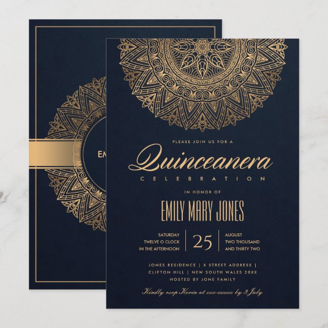 LUXE NAVY GOLD CLASSIC ORNATE MANDALA QUINCEANERA INVITATION (Front/Back)