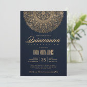 LUXE NAVY GOLD CLASSIC ORNATE MANDALA QUINCEANERA INVITATION (Standing Front)