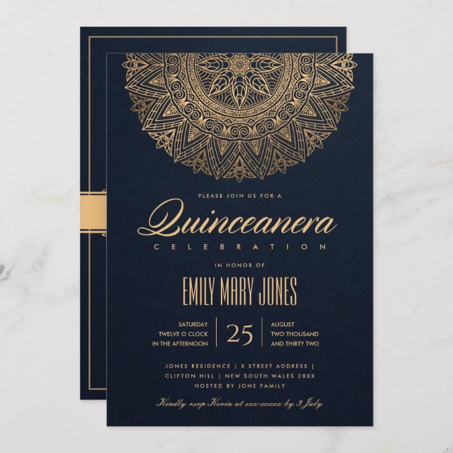 LUXE NAVY GOLD CLASSIC ORNATE MANDALA QUINCEANERA INVITATION (Front/Back)