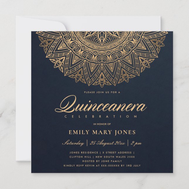 LUXE NAVY GOLD CLASSIC ORNATE MANDALA QUINCEANERA INVITATION (Front)