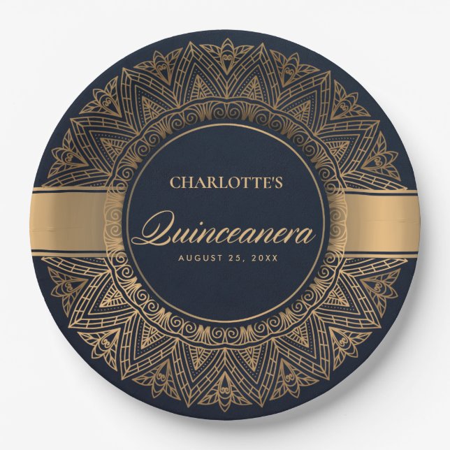 LUXE NAVY GOLD CLASSIC ORNATE MANDALA QUINCEANERA PAPER PLATES (Front)
