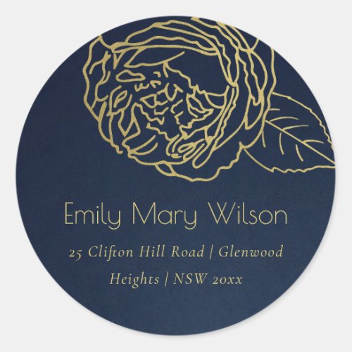 LUXE NAVY GOLD ELEGANT ROSE FLORAL ADDRESS CLASSIC ROUND STICKER