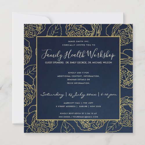 LUXE NAVY GOLD ELEGANT ROSE FLORAL WORKSHOP EVENT INVITATION