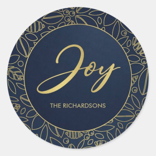 LUXE NAVY GOLD HOLLY BERRIES CHRISTMAS JOY CLASSIC ROUND STICKER