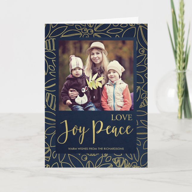 LUXE NAVY GOLD HOLLY BERRIES LOVE JOY PEACE PHOTO CARD (Front)