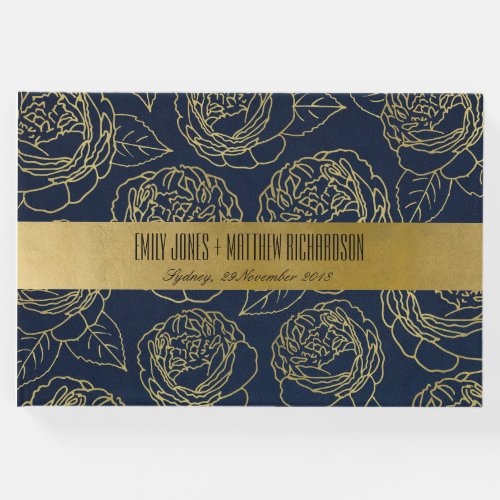 LUXE NAVY GOLD KRAFT ELEGANT ROSE FLORAL WEDDING GUEST BOOK