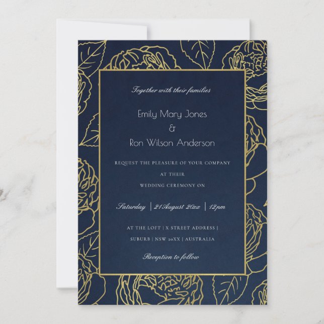 LUXE NAVY GOLD KRAFT ELEGANT ROSE FLORAL WEDDING INVITATION (Front)