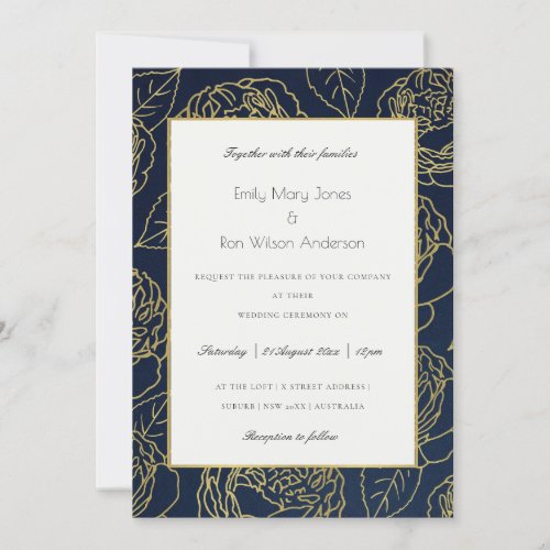 LUXE NAVY GOLD KRAFT ELEGANT ROSE FLORAL WEDDING INVITATION