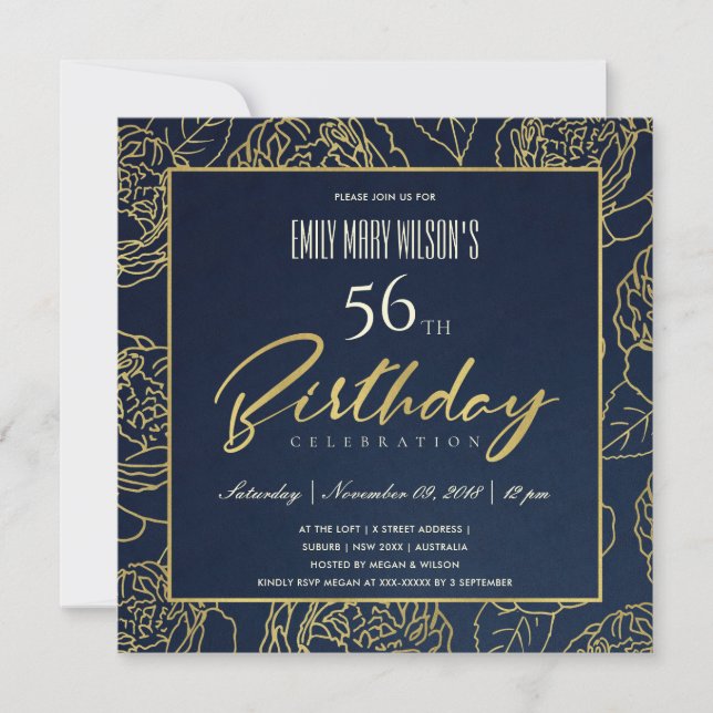 LUXE NAVY GOLD ROSE FLORAL ANY AGE BIRTHDAY INVITATION (Front)