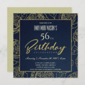 LUXE NAVY GOLD ROSE FLORAL ANY AGE BIRTHDAY INVITATION (Front/Back)