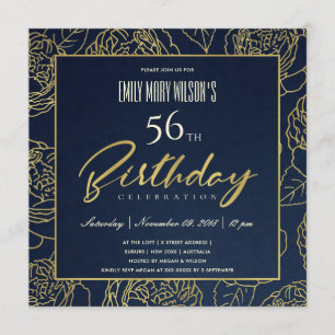 LUXE NAVY GOLD ROSE FLORAL ANY AGE BIRTHDAY INVITATION